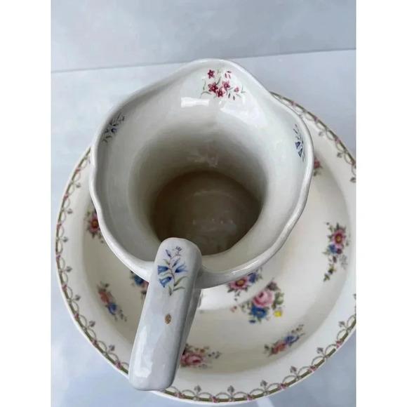 Vintage Ironstone Pitcher and Large Basin Bowl White Pink Flower - Picture 11 of 15